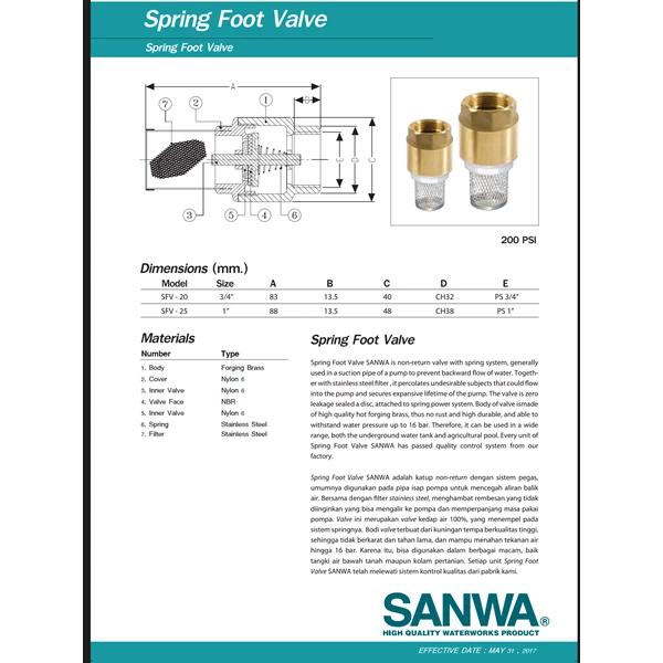 Sanwa Foot Valve Size 3/4 Inch
